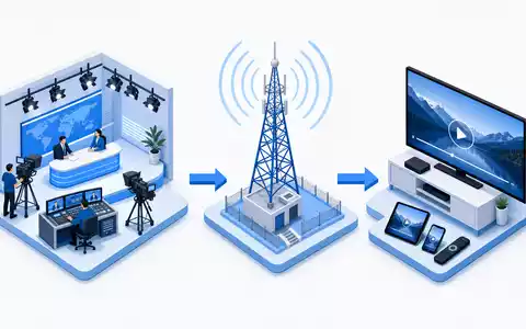 ITV plc GB0033986497 isometrische 3D-Darstellung Medien-Wertschöpfungskette Produktion Sendung Streaming drei Stufen Blau - Foto: THN