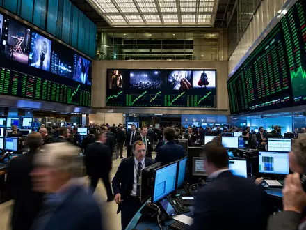 ITV plc GB0033986497 LSE-Börsensaal Editorial mit Medien-Aktiencharts Händlern und digitalen Kurstafeln Bildschirmen London - Foto: THN