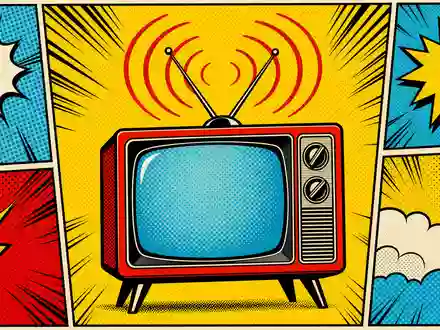 ITV plc GB0033986497 Pop-Art-Comic stilisierter Fernseher mit Sendewellen Halbton-Rastermuster Primärfarben Lichtenstein-Stil bunt - Foto: THN