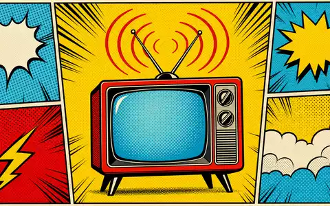 ITV plc GB0033986497 Pop-Art-Comic stilisierter Fernseher mit Sendewellen Halbton-Rastermuster Primärfarben Lichtenstein-Stil bunt - Foto: THN