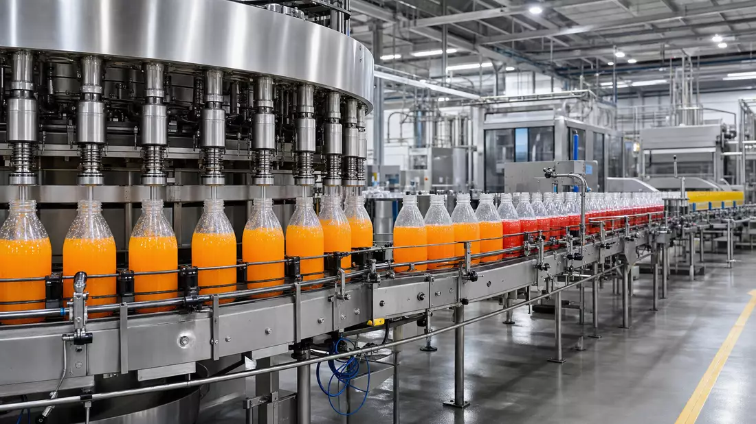 Moderne Getränkeabfüllanlage mit Flaschen auf Fließband, Britvic plc GB00B0N8QD54