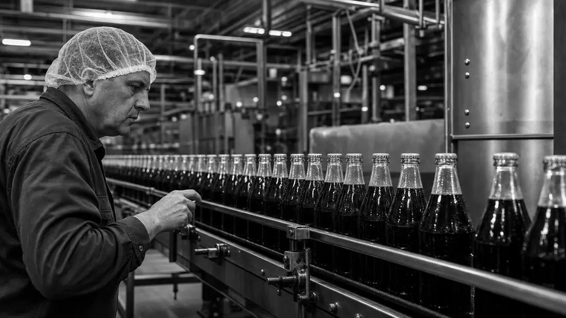 Schwarzweiß-Reportagefoto eines Mitarbeiters an Getränkeflaschenlinie, Britvic plc GB00B0N8QD54