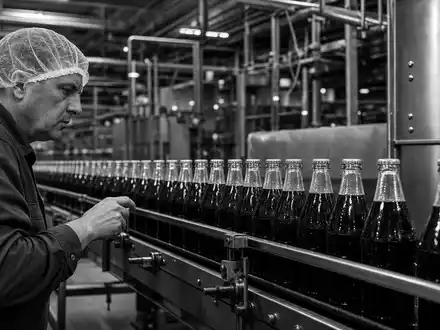 Dokumentarische Schwarzweiß-Aufnahme eines Arbeiters an der Abfüllstraße symbolisiert Britvic plc, ISIN GB00B0N8QD54, Produktion - Foto: THN