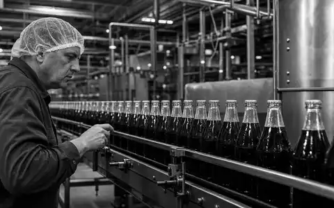 Dokumentarische Schwarzweiß-Aufnahme eines Arbeiters an der Abfüllstraße symbolisiert Britvic plc, ISIN GB00B0N8QD54, Produktion - Foto: THN