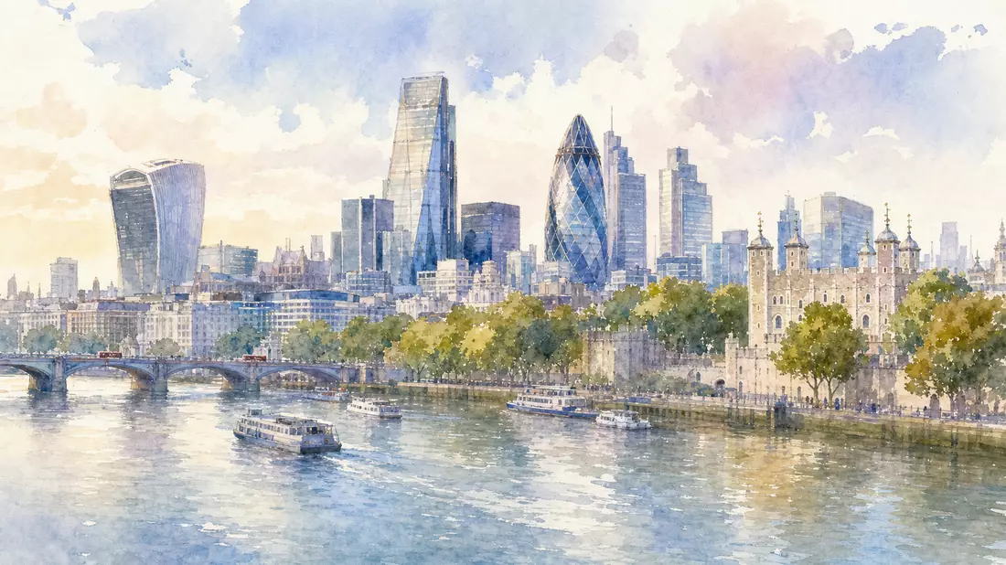 Aquarellbild der Londoner Skyline an der Themse, Britvic plc GB00B0N8QD54, Unternehmenssitz