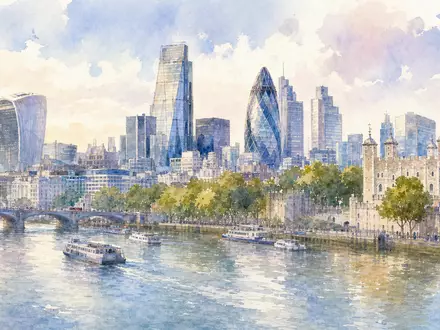 Aquarellmalerei der Londoner Skyline entlang der Themse repräsentiert den Sitz von Britvic plc, ISIN GB00B0N8QD54 - Foto: THN