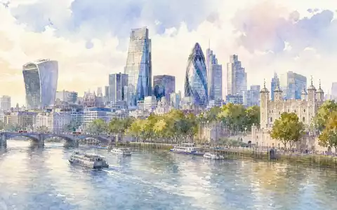 Aquarellmalerei der Londoner Skyline entlang der Themse repräsentiert den Sitz von Britvic plc, ISIN GB00B0N8QD54 - Foto: THN