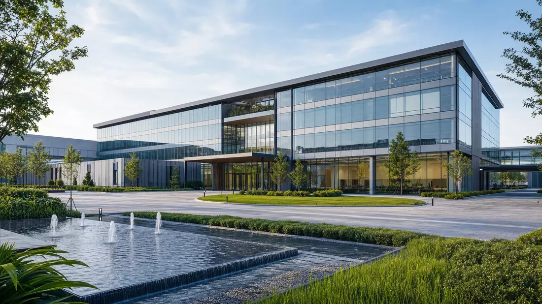 3D-Architekturvisualisierung eines modernen Bürogebäudes mit Grünanlagen, Britvic plc GB00B0N8QD54