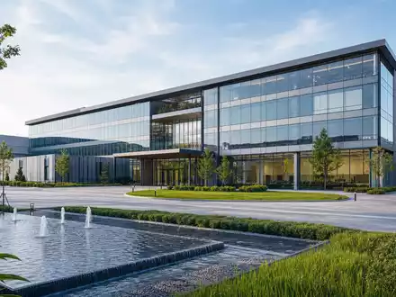 Architektur-Render eines modernen Glas- und Stahl-Firmensitzes visualisiert den Unternehmenscampus von Britvic plc, ISIN GB00B0N8QD54 - Foto: THN