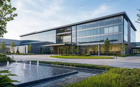 Architektur-Render eines modernen Glas- und Stahl-Firmensitzes visualisiert den Unternehmenscampus von Britvic plc, ISIN GB00B0N8QD54 - Foto: THN