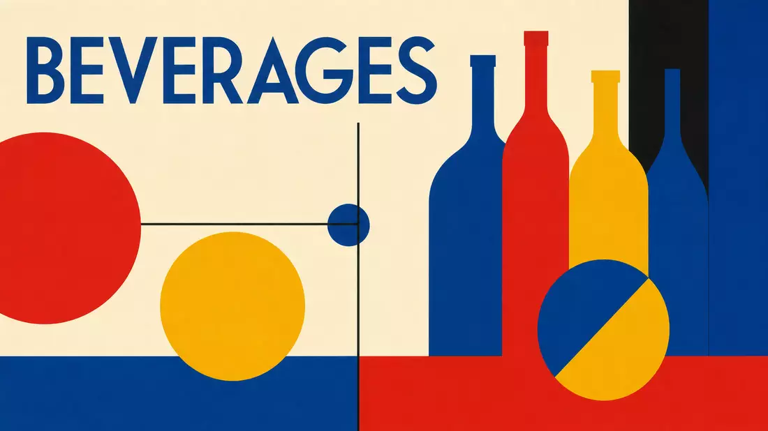 Bauhaus-Poster mit geometrischen Flaschenformen und Text BEVERAGES, Britvic plc GB00B0N8QD54