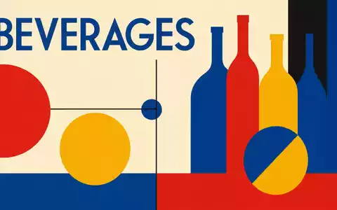 Bauhaus-Poster mit geometrischen Flaschenformen und Sektor-Schriftzug symbolisiert die Branche von Britvic plc, ISIN GB00B0N8QD54 - Foto: THN