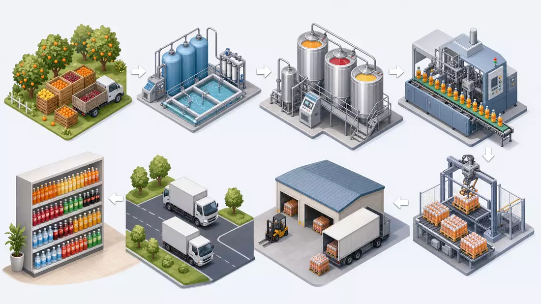 Isometrische Infografik der Getränkeproduktion von Frucht bis Regal, Britvic plc GB00B0N8QD54