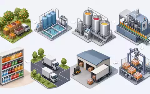 Isometrische 3D-Grafik der gesamten Getränke-Wertschöpfungskette veranschaulicht Produktionsprozesse des Unternehmens Britvic plc, ISIN GB00B0N8QD54 - Foto: THN
