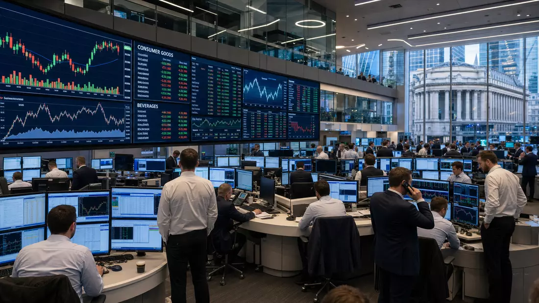 Trading-Floor mit Kursbildschirmen für Konsumgüter und Getränke, Britvic plc GB00B0N8QD54