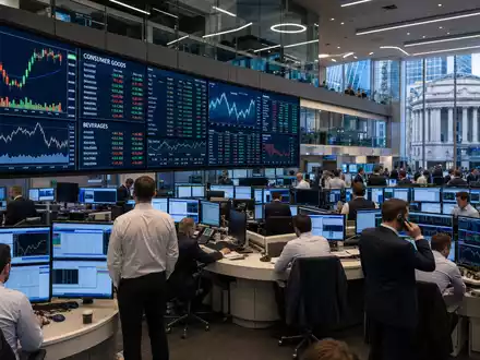 Börsen-Editorial mit Trading-Floor und Getränkesektor-Charts repräsentiert die Notierung von Britvic plc, ISIN GB00B0N8QD54 - Foto: THN