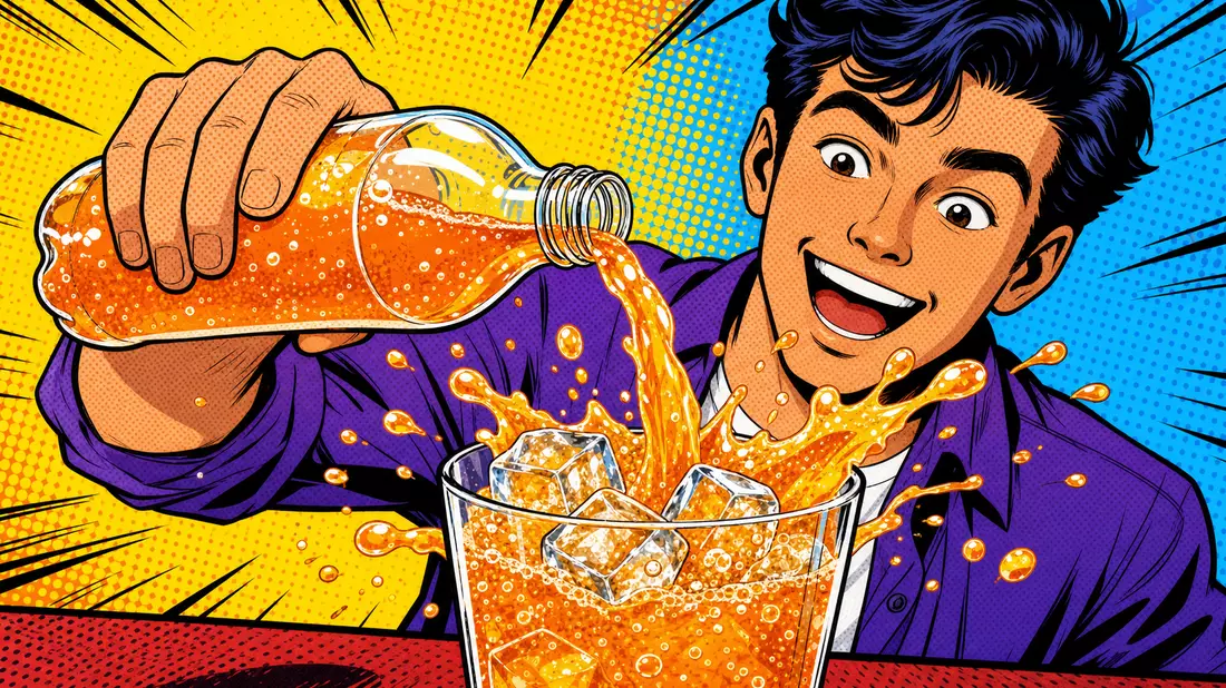 Pop-Art-Comic zeigt Person die ein Fruchtgetränk einschenkt, Britvic plc GB00B0N8QD54