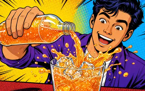 Pop-Art-Comicszene eines eingeschenkten Fruchtgetränks symbolisiert die Konsumgüter-Marke von Britvic plc, ISIN GB00B0N8QD54 - Foto: THN