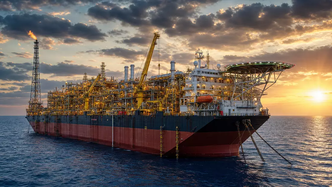 Fotorealistische schwimmende Öl- und Gasplattform (FPSO) auf offener See bei Sonnenuntergang