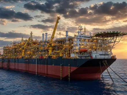 Fotorealistische FPSO-Anlage auf hoher See symbolisiert SBM Offshore N.V., ISIN NL0000360618, bei Sonnenuntergang - Foto: THN