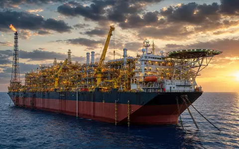 Fotorealistische FPSO-Anlage auf hoher See symbolisiert SBM Offshore N.V., ISIN NL0000360618, bei Sonnenuntergang - Foto: THN