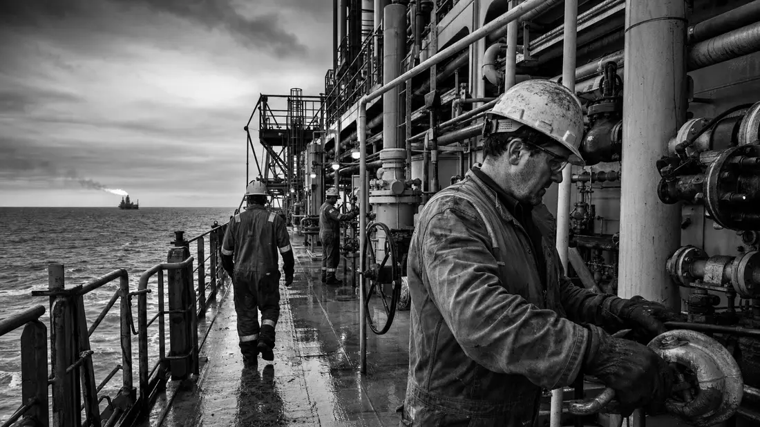 Dokumentarische Schwarzweiß-Aufnahme von Arbeitern auf einer Offshore-Plattform
