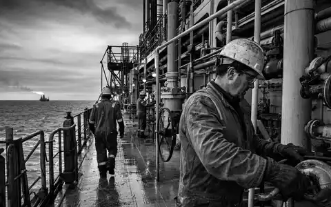 SchwarzweiĂe Reportage-Aufnahme von Offshore-Arbeitern zeigt SBM Offshore N.V., ISIN NL0000360618, im Arbeitsalltag - Foto: THN