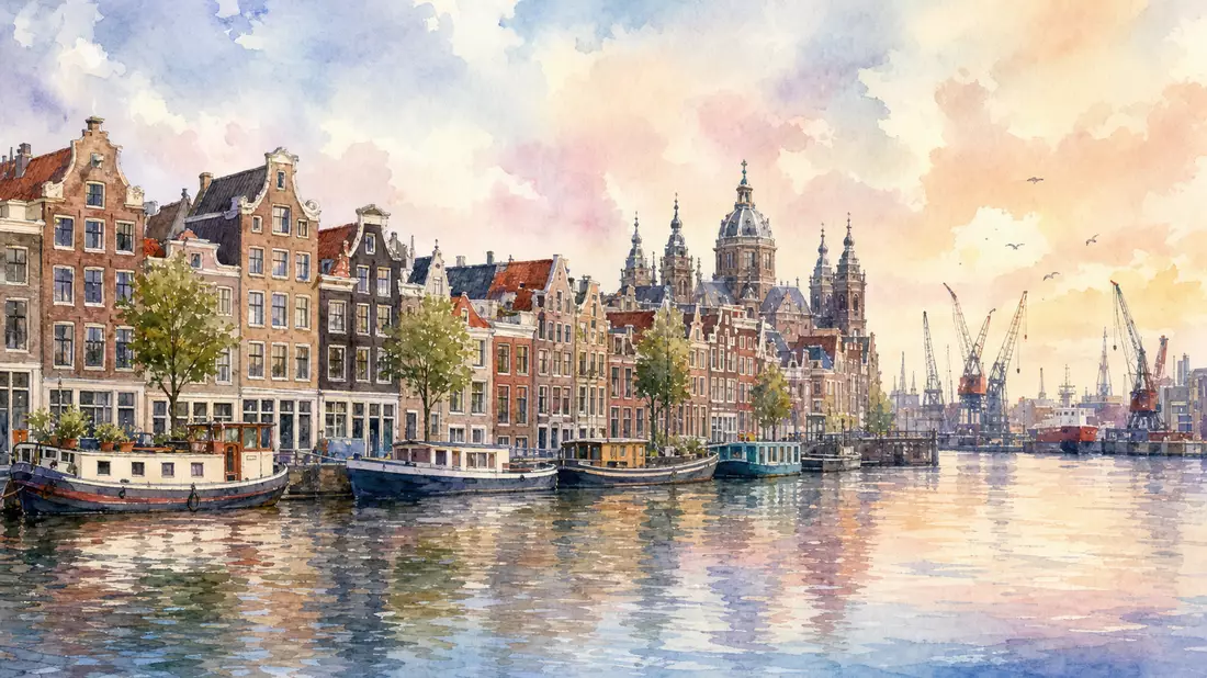 Aquarellbild der Amsterdamer Kanäle mit Hafenkranen im Hintergrund