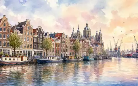Aquarellmalerei von Amsterdam repräsentiert den Sitz von SBM Offshore N.V., ISIN NL0000360618, an der Hafenpromenade - Foto: THN
