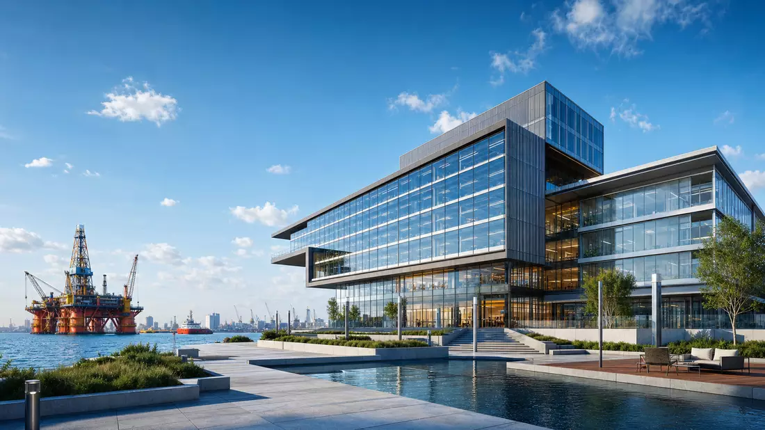 Moderner Glas-Bürokomplex am Hafen mit Offshore-Plattform im Hintergrund
