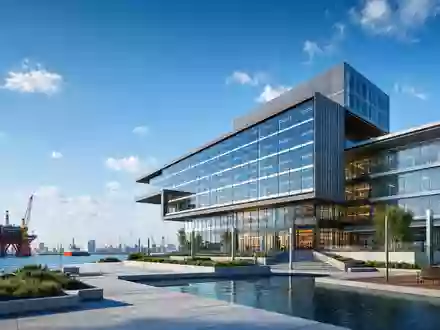 Architektur-Render eines modernen Bürogebäudes am Hafen visualisiert den Firmensitz von SBM Offshore N.V., ISIN NL0000360618 - Foto: THN