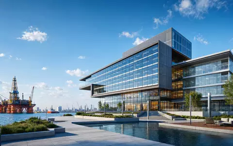 Architektur-Render eines modernen Bürogebäudes am Hafen visualisiert den Firmensitz von SBM Offshore N.V., ISIN NL0000360618 - Foto: THN