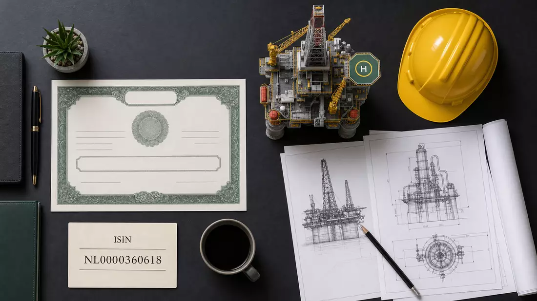 Flatlay mit Aktienzertifikat, ISIN-Karte NL0000360618 und Offshore-Modellplattform