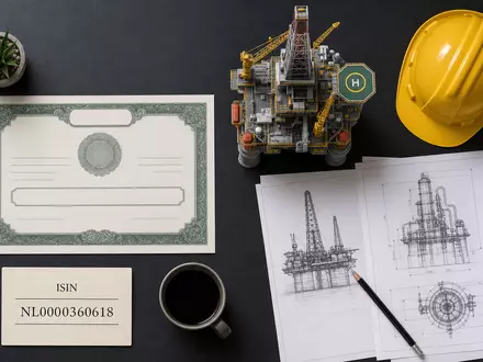 Flatlay mit Aktienzertifikat und ISIN-Karte NL0000360618 illustriert eine Kapitalanlage in SBM Offshore N.V. anschaulich - Foto: THN