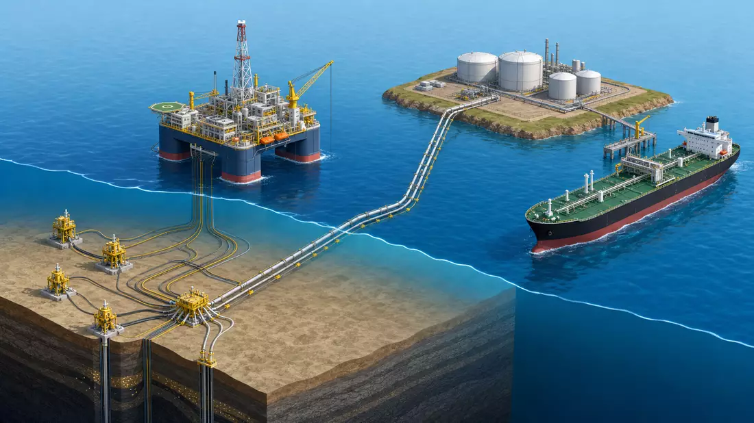 Isometrische 3D-Grafik der Offshore-Öl- und Gas-Produktionskette mit Plattform und Tanker