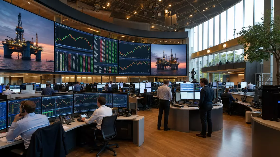 Börsenparkett mit Bildschirmen, Energiecharts und Offshore-Plattform-Motiven