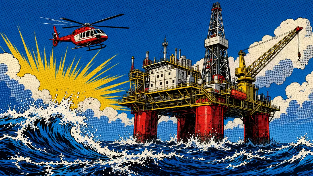 Pop-Art-Comic einer Offshore-Ölplattform im Meer mit fliegendem Helikopter
