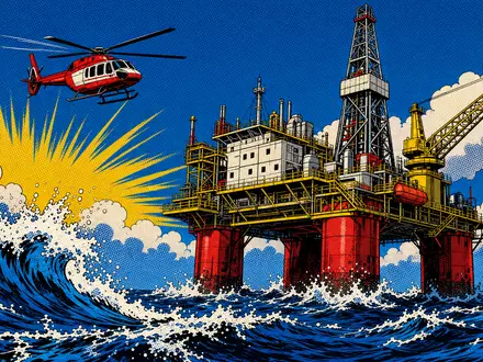 Pop-Art-Comicszene einer Offshore-Plattform mit Helikopter zeigt farbenfroh das Kerngeschäft von SBM Offshore N.V., ISIN NL0000360618 - Foto: THN