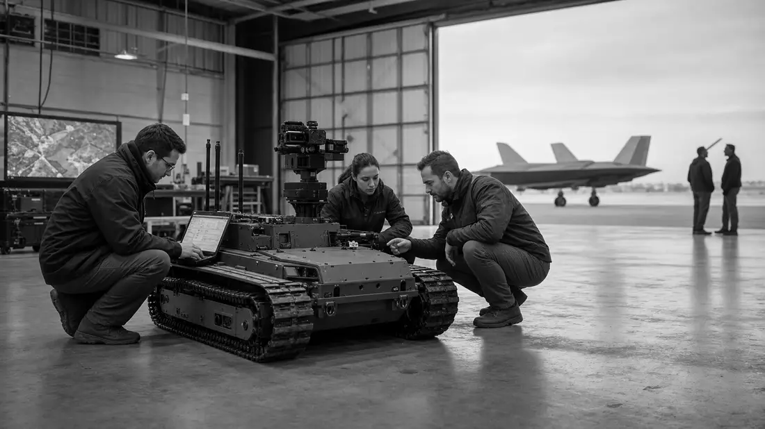 Schwarzweiß-Reportagefoto von Ingenieuren mit robotischem Bodenfahrzeug in Hangar
