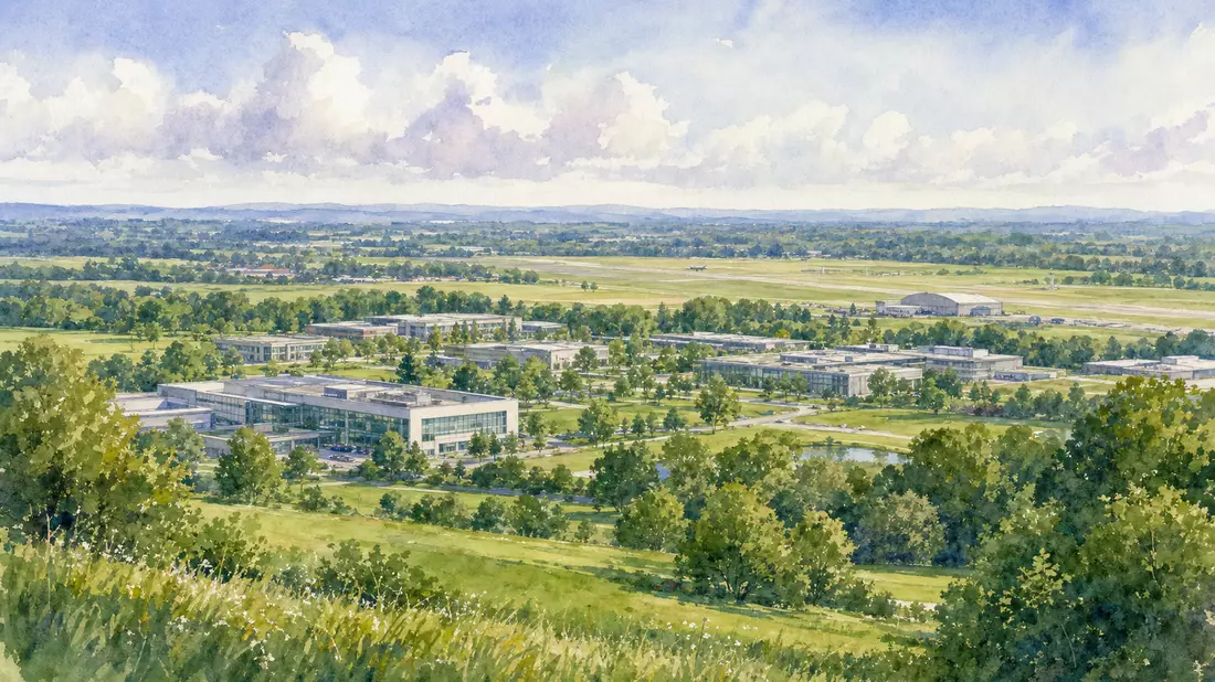 Aquarellmalerei eines Forschungscampus mit Flugplatz in grüner englischer Landschaft