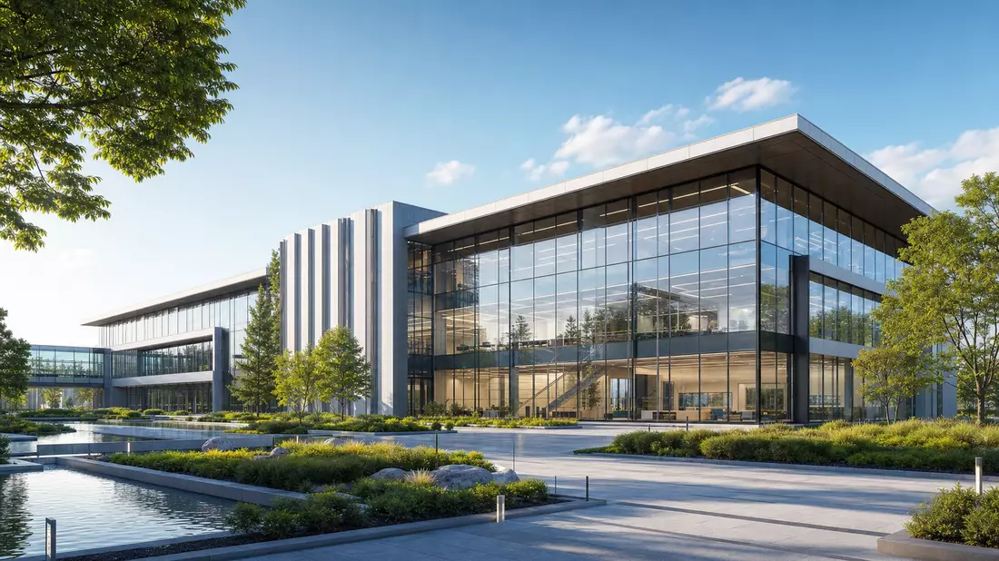 Architektur-Render eines modernen Forschungsgebäudes mit Glasfassade und Grünflächen