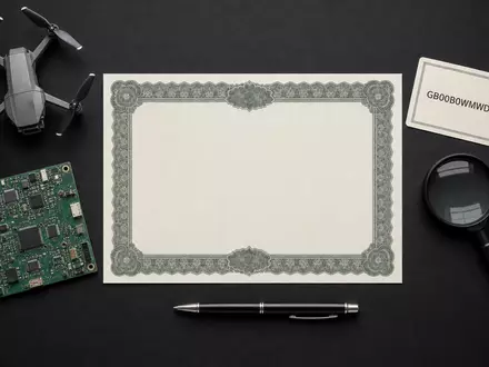 QinetiQ Group plc (ISIN GB00B0WMWD03) symbolisiert durch Flatlay mit Aktienzertifikat, ISIN-Karte und Technikbauteilen den Sicherheitssektor - Foto: THN