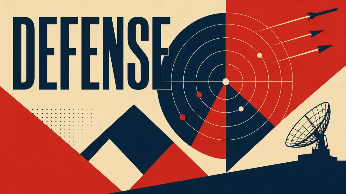 Bauhaus-Poster mit geometrischen Formen, Radarsymbol und Schriftzug DEFENSE