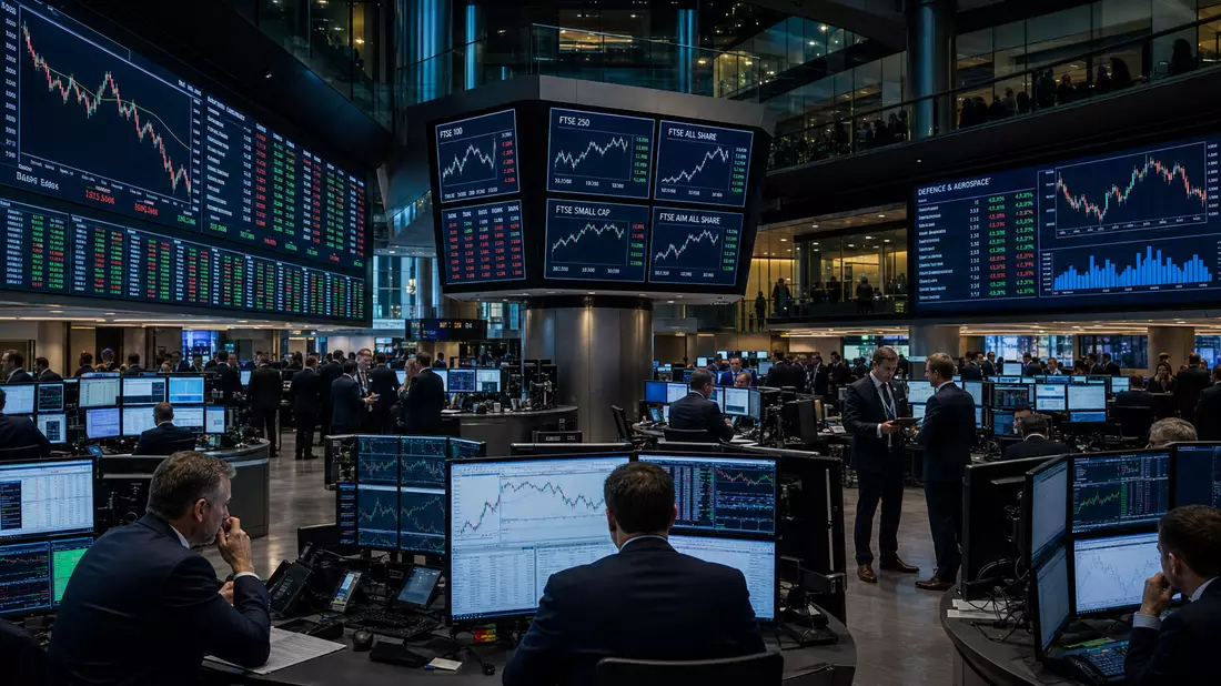 Editorial-Foto der Londoner Börse mit FTSE-Kurscharts und Verteidigungssektor-Daten