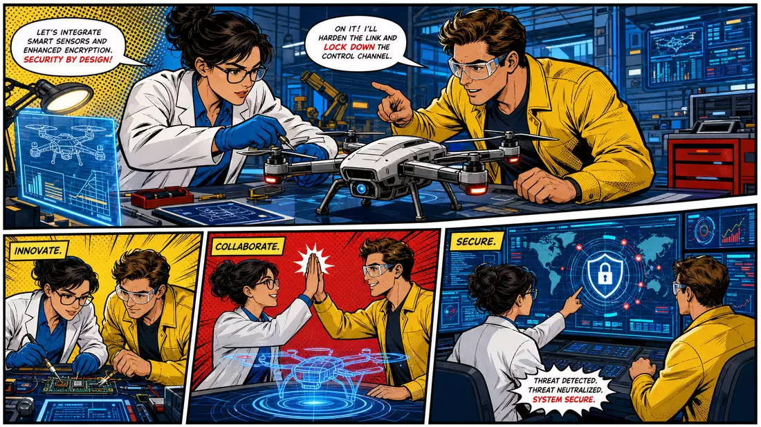 Pop-Art-Comic mit Wissenschaftlern, Drohne und Cybersicherheits-Kontrollpanel in bunten Farben