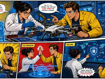 QinetiQ Group plc (ISIN GB00B0WMWD03) wird als farbenfrohe Pop-Art-Comic-Szene mit Drohnen- und Cybersicherheitstechnik illustriert - Foto: THN