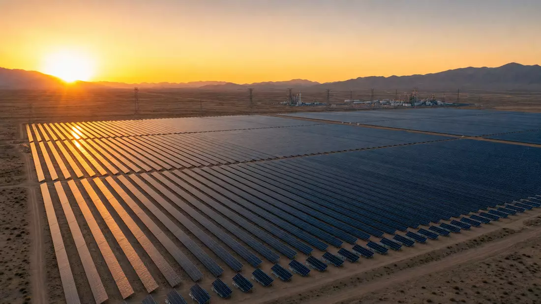 Fotorealistischer Solarpark von First Solar Inc. bei Sonnenaufgang in der Wüste, ISIN US3364331070