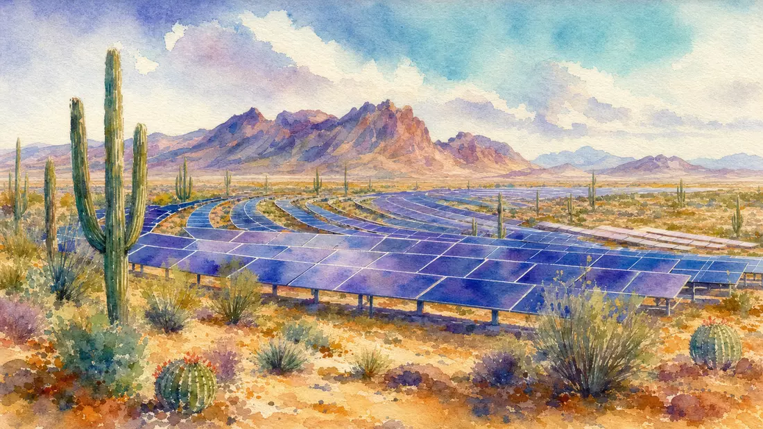 Aquarellgemälde einer Solarfarm von First Solar Inc. in der Wüste Arizonas, ISIN US3364331070