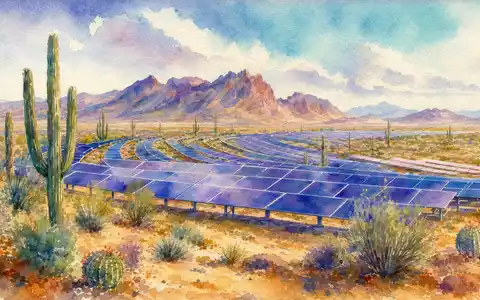 First Solar Inc. Solaranlage als malerisches Aquarell in Arizona-Landschaft, Aktie US3364331070 aus Erneuerbarer Energie - Foto: THN