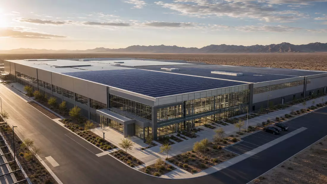 Architekturvisualisierung des Fertigungswerks von First Solar Inc. mit Solaranlage, ISIN US3364331070